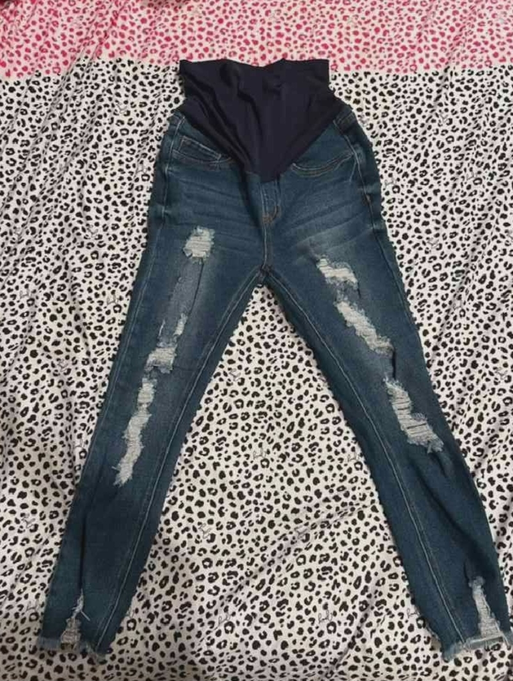 Dark Blue Maternity Skinny Jeans with Distressed Detail